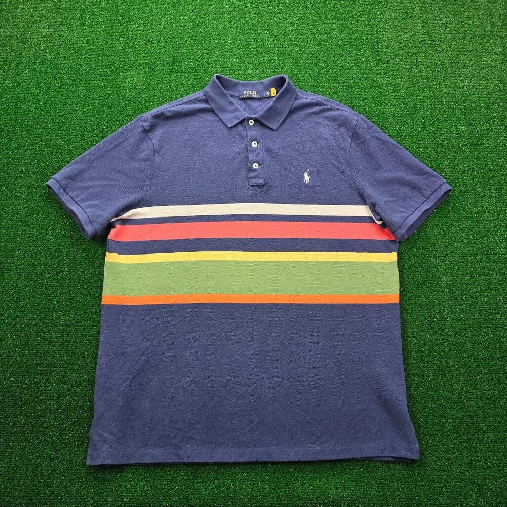 Polo Ralph Lauren Polo Shirt Mens Large Blue Striped Short Sleeve Golf Preppy